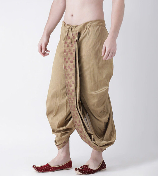 Men Beige & Maroon Printed Dupion Silk Dhoti