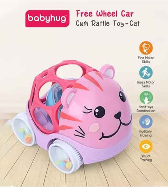 Free Wheel Car Cum Rattle Toy - Cat