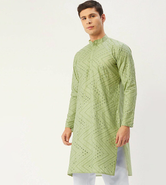 Men Green Embroidered Mirror Work Pure Cotton Kurtas