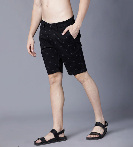 Men Black Printed Slim Fit Regular Shorts