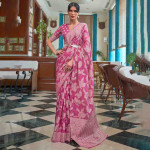 Pink & White Woven Design Linen Blend Muga Saree