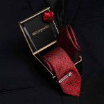 Men Red & Black Tie Cufflinks Pocket Square Accessory Gift Set