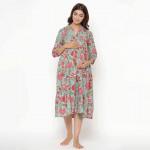 Women Turquoise Blue Floral Printed Maternity & Nursing Cotton A-Line Midi Dress