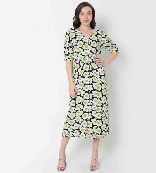 Women Printed V Neck Maxi Dress