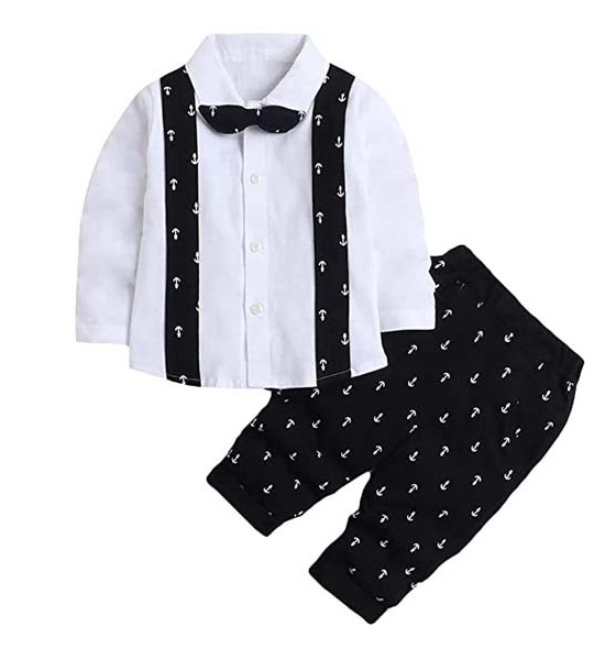 Hopscotch Baby Boys Cotton Full Sleeves Shirt with Bow and Pant Set in Black Color