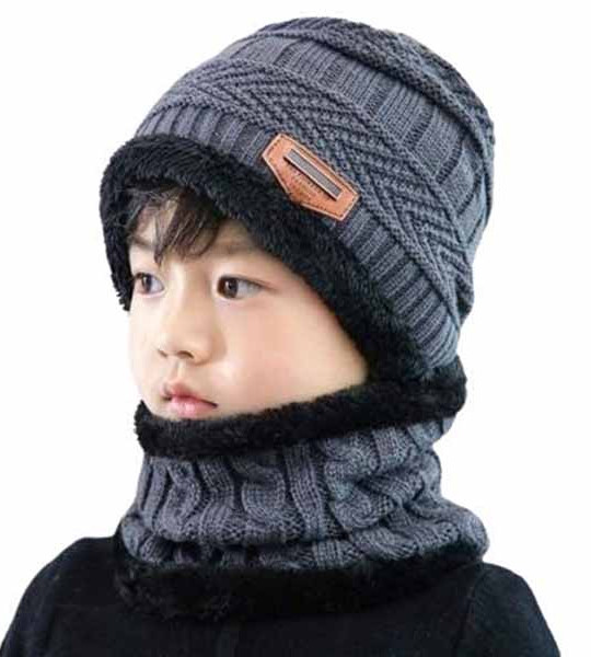 G&S Kids Winter Warm Hat for Outdoor Sports Headging Hat Scarf Set Boys Girls Warm Fleece Cap Scarf Set Ski Equipment Grey Color