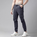 Men Navy Blue Solid Mid-Rise Woven Pure Cotten Cargo Trousers